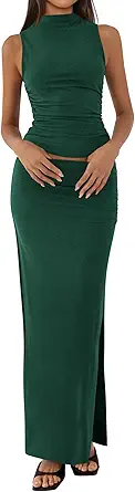 BTFBM Summer Two Piece Skirt Set for Women 2025 Dressy Lightweight Sleeveless Knit Top Going Out Split Maxi Skirt Set