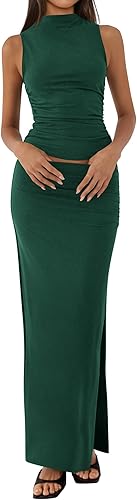 BTFBM Summer Two Piece Skirt Set for Women 2025 Dressy Lightweight Sleeveless Knit Top Going Out Split Maxi Skirt Set