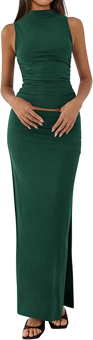 BTFBM Summer Two Piece Skirt Set for Women 2025 Dressy Lightweight Sleeveless Knit Top Going Out Split Maxi Skirt Set