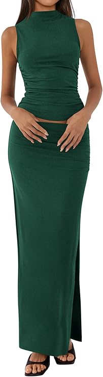 BTFBM Summer Two Piece Skirt Set for Women 2025 Dressy Lightweight Sleeveless Knit Top Going Out Split Maxi Skirt Set