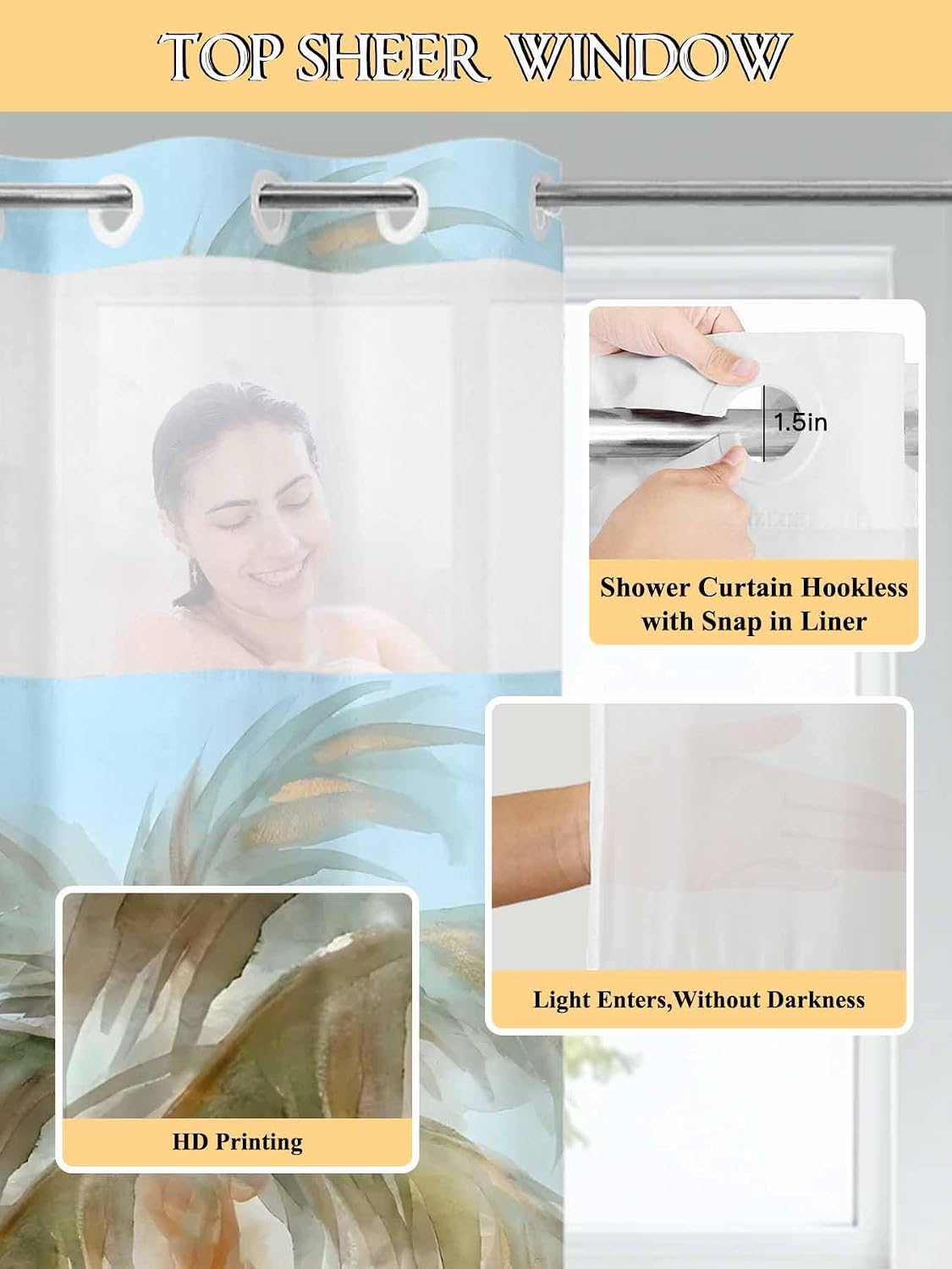 Summer Palm Tree No Hook Shower Curtain with Snap in Liner Coastal Tropical Plant Watercolor Texture Shower Curtain for Bathroom, Fabric Waterproof Inner Liner with Mesh Top Window, 48x72