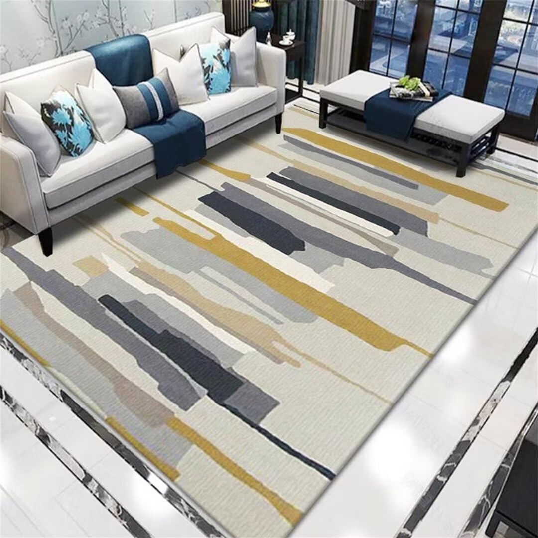 Tapis de salon lavable grand motif classique jaune durable pour entree et chambre