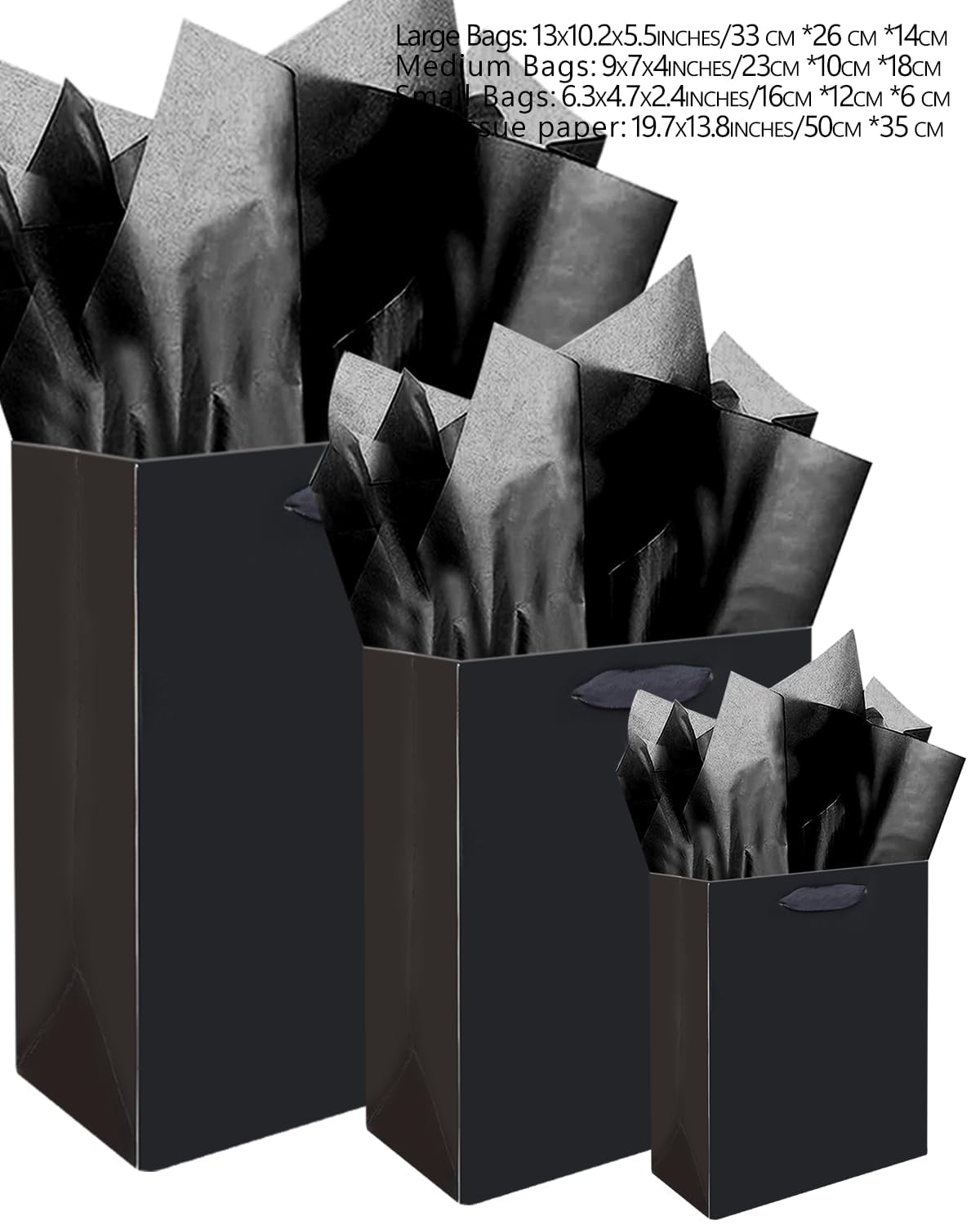 qiqee Black Gift Bags with Tissue Paper Mulit Assorted Sizes 10PCS Present Party Favor Birthday Bags(2pcs Large 13", 4pcs Medium 9", 4pcs Small 6" Bags,Tissue Paper)