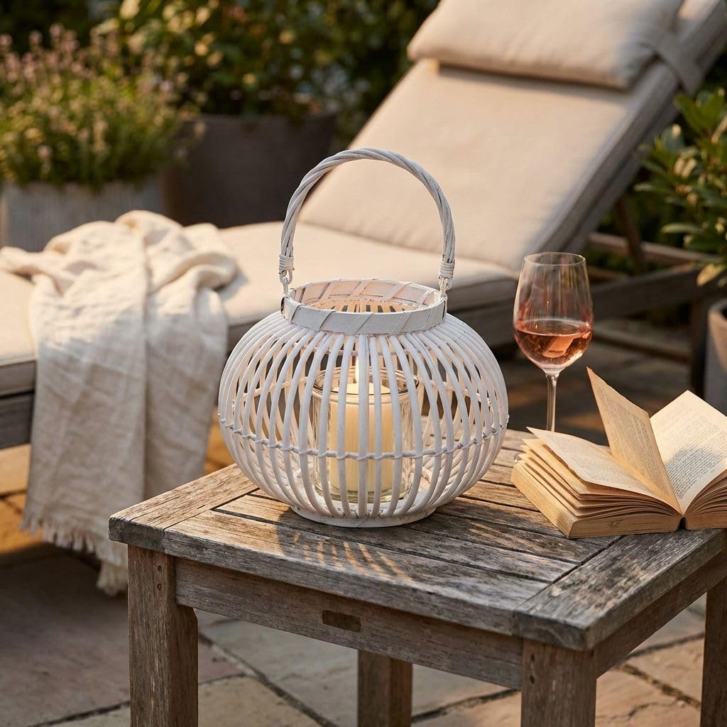 Milani Home - lanterna decorativa in vimini e vetro, bianco, portacandela da giardino e interno, per portico e veranda