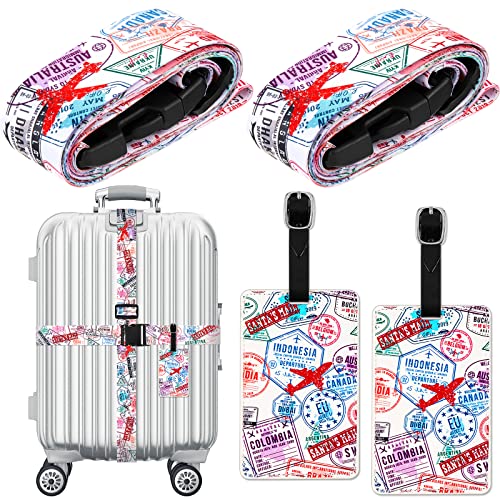 4 Pack Luggage Straps Set Adjustable Suitcase Belts With Quick Release Buckle Luggage Tags Travel Suitcase Tags With Name Id Card For Travel Bag Suitcase (Stamp Pattern) #TOP19