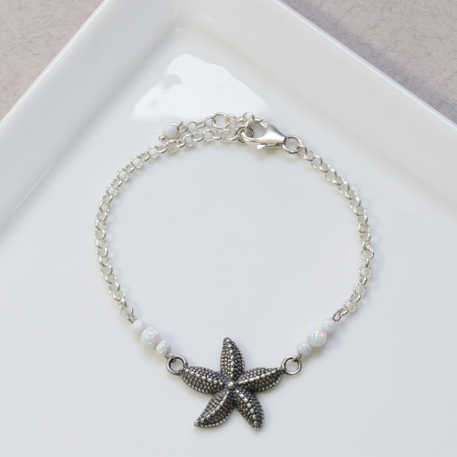 925 Sterling Silver White Opal Bracelet for Women - 3mm Round Beads with StarFish Sterling Silver Charm, Adjustable 16-18cm Chain- Silver Bracelets for Women -Perfect October Birthstone Bracelets Gift - Image 3