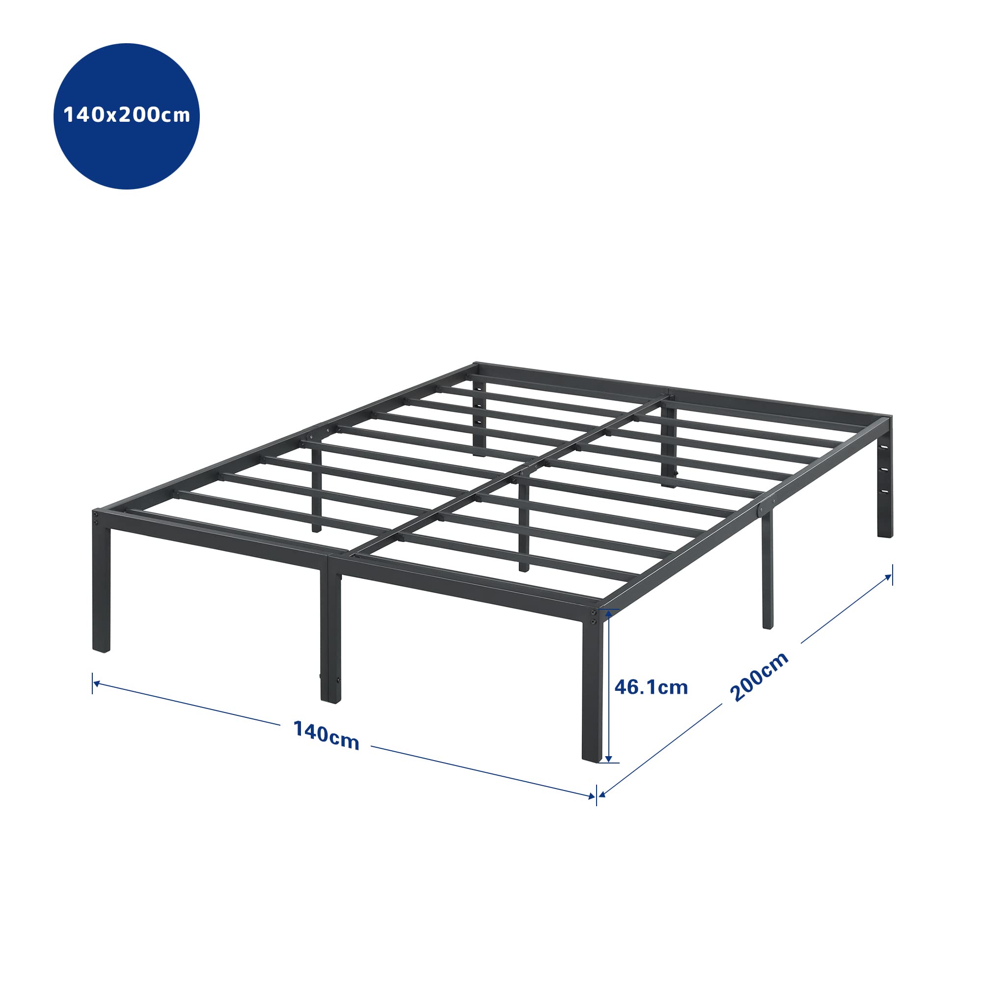 Olee sleep 45 cm stabilne łóżko stalowe/stalowy stelaż pod materac/podstawa materaca/metalowa rama łóżka/łóżko / 140 x 200 cm/pełny/czarny/metal
