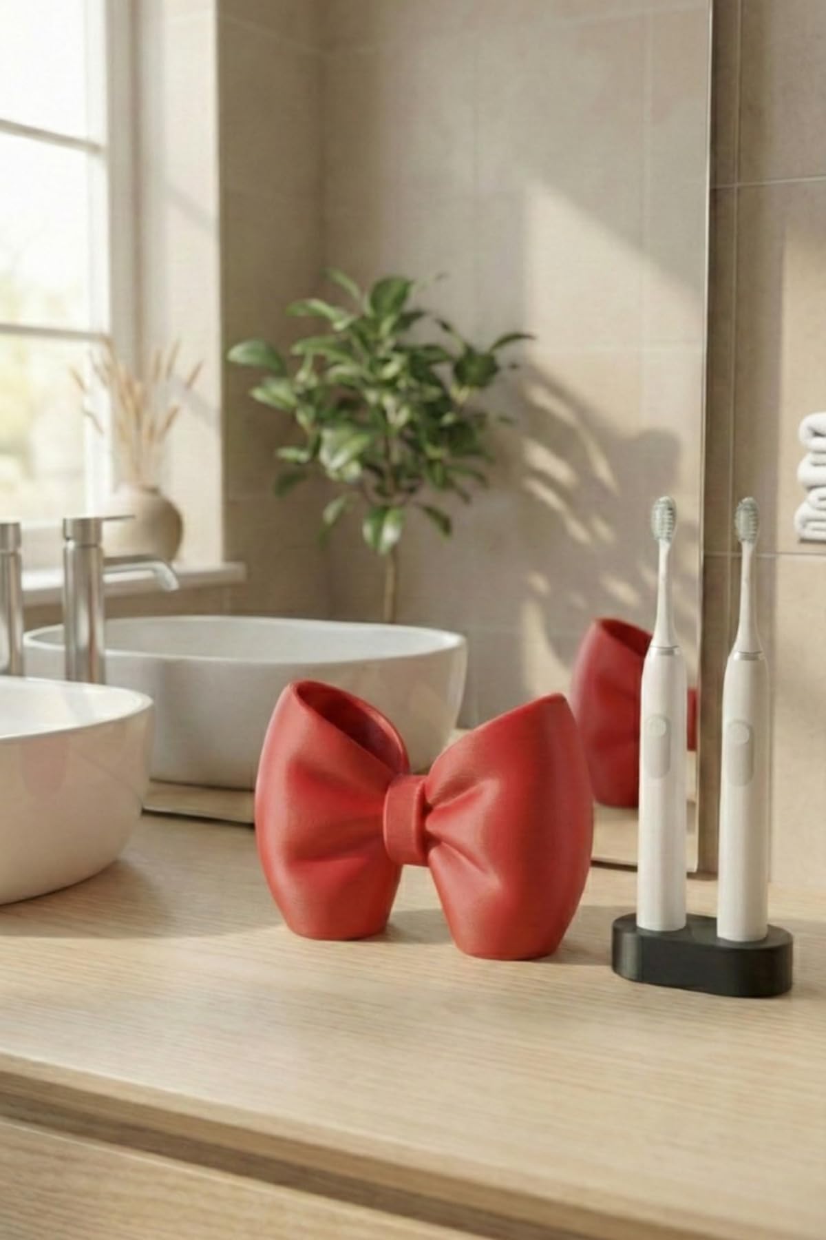 Makyaj Fırçalık Organizer Plastik Fiyonk Tasarım Dekoratif Çok Amaçlı Organizer Kırmızı 10 x 10