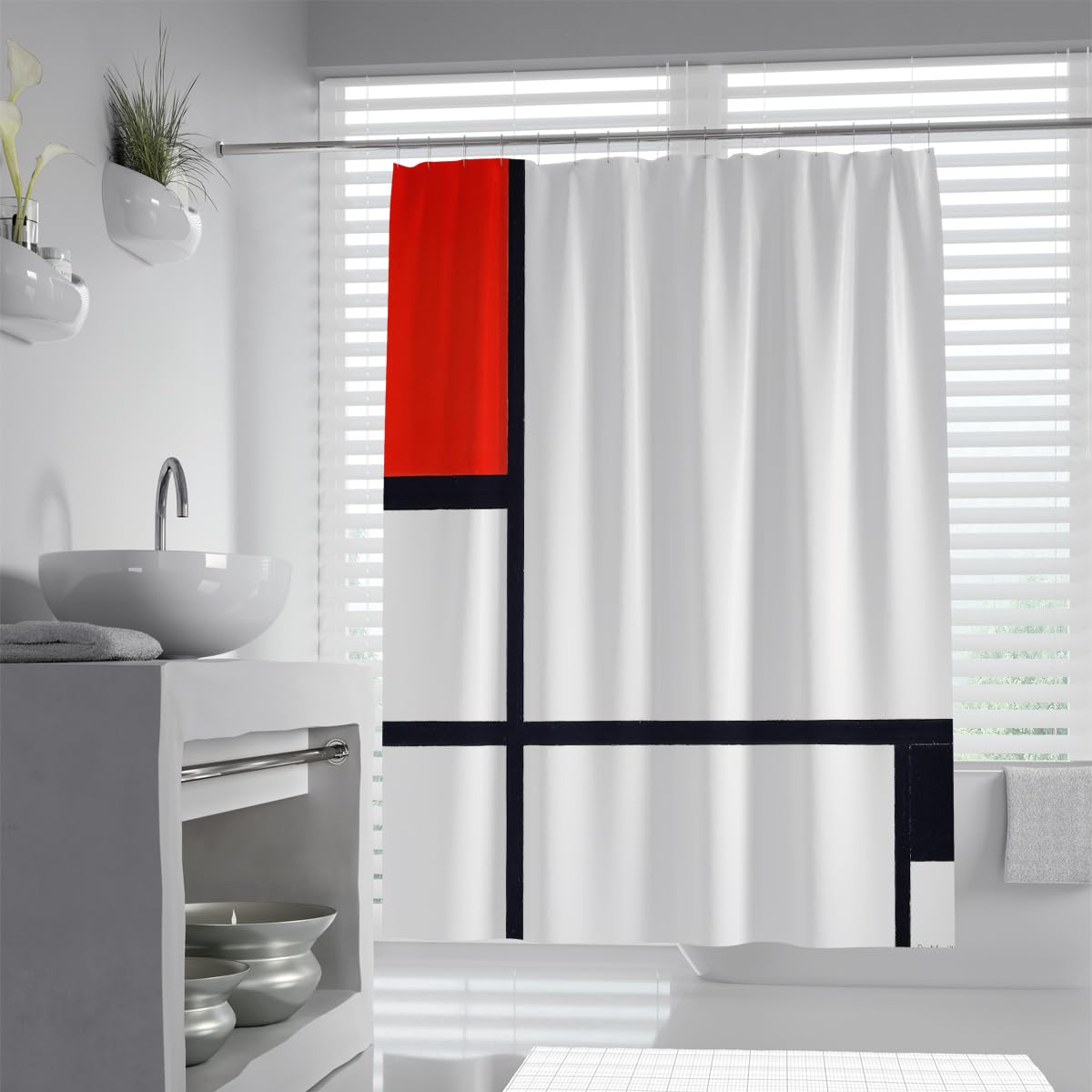 Rideaux de Salle de Bain d’Art Contemporain imperméables avec Crochets, Rideau de Douche à Design Abstrait en Blocs Rouges, décoration Lavable de Toilettes de Style Nordique 180 x 180 cm