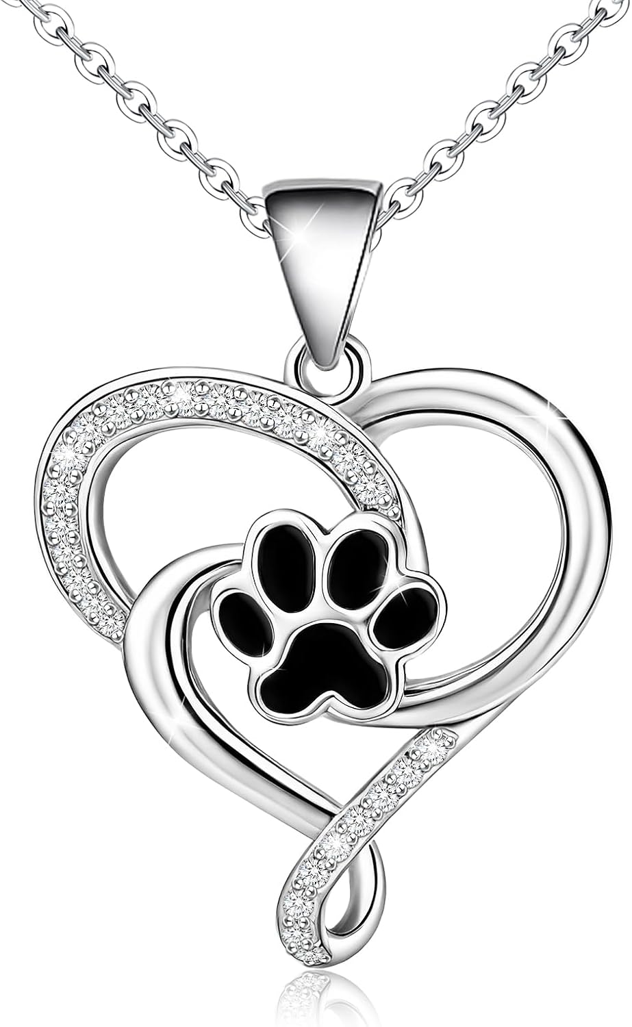 KITEENAL Heart Print Sterling Silver Adjustable Necklace - Cute Animal Pendant for Teens Girls Women - Puppy Dog Cat Pet Cubic Zirconia Love Heart Gifts for Birthday, 19 inch
