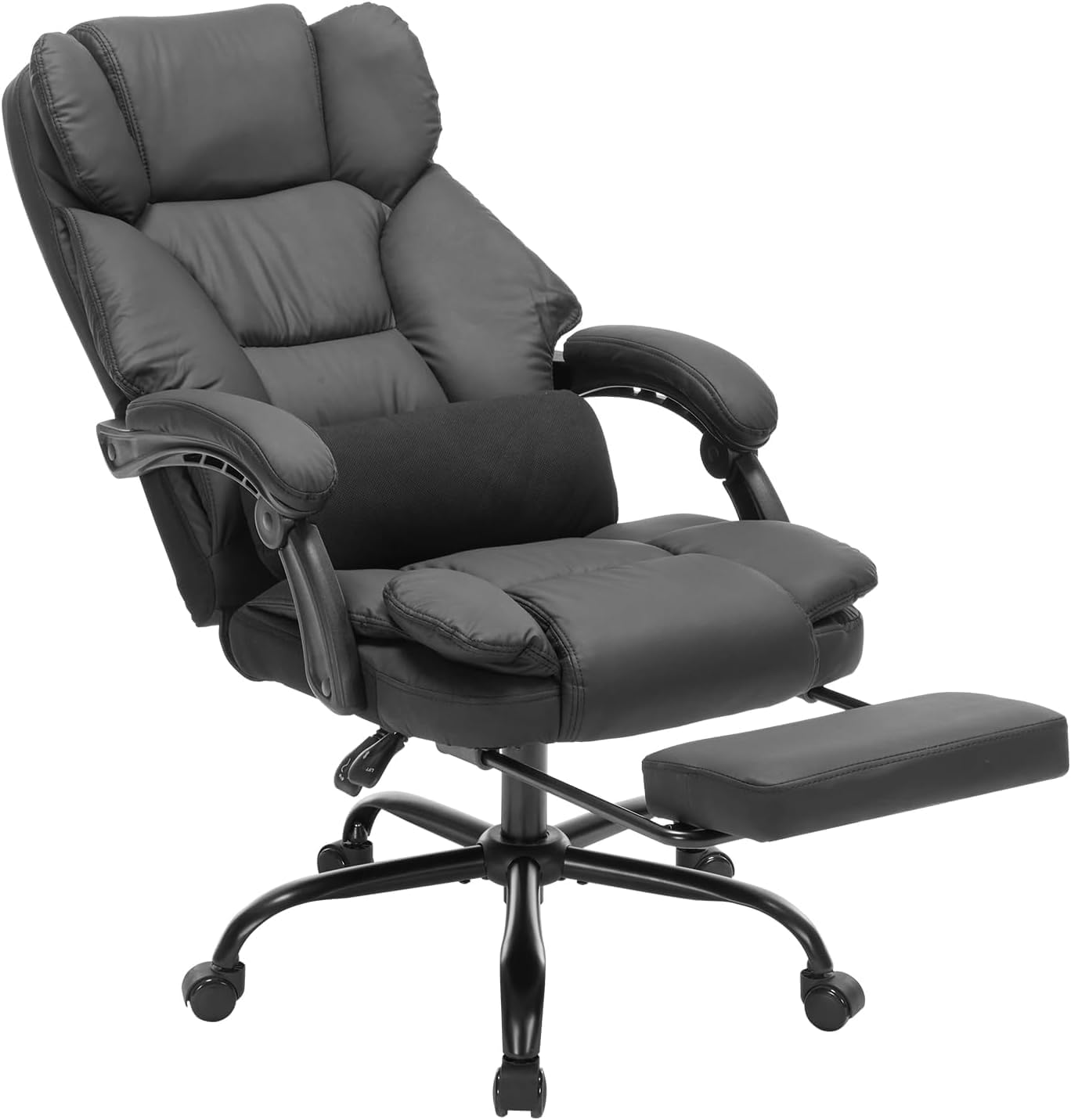 Ergonomic Office Chair with Foot Rest - Reclining Executive Computer Chair with Adjustable Lumbar Support & Arms, 600lbs High Capacity PU Leather Swivel Chair with Wheels (Black)