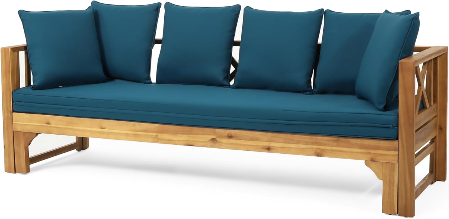Long Beach Sofa Daybed with Acacia Wood Frame, PE Rattan, Waterproof Fabric Cushions, Expandable Design, Rustic X-Frame, Ideal for Living Room, Patio, Teak, 78.50W x 26.00D x 24.25H in