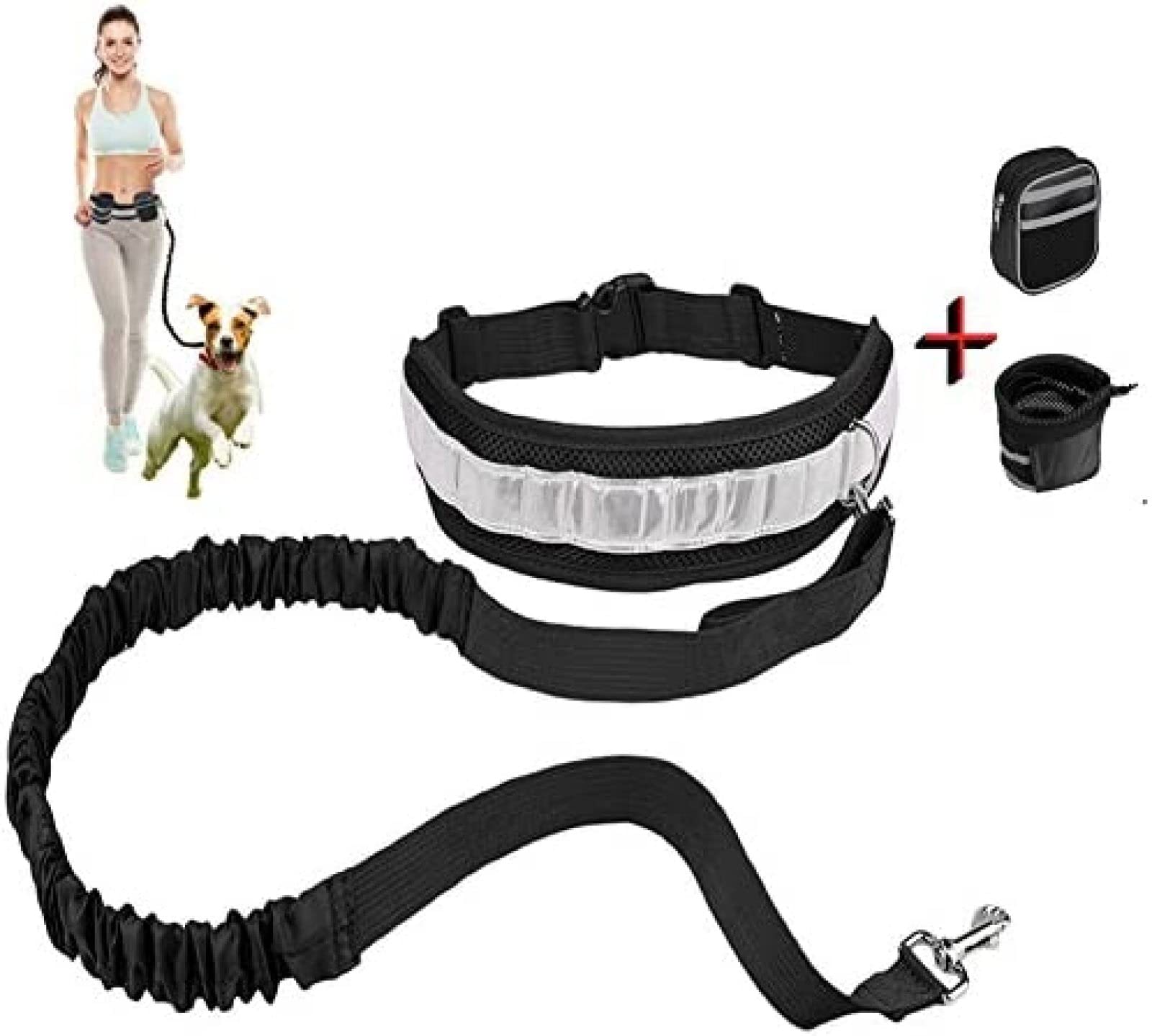Laisse pour Chien, Laisse de Course Mains Libres pour Chien de Taille Moyenne et Petite, Ceinture de Marche, Bande réfléchissante avec 2 Pochettes