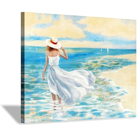 Hardy Gallery Abstract Beach Painting Wall Art: Hand Painted Textured Women Standing Blue Seascape Picture Artwork for Bed Room (24” x 18” x 1 Panel)