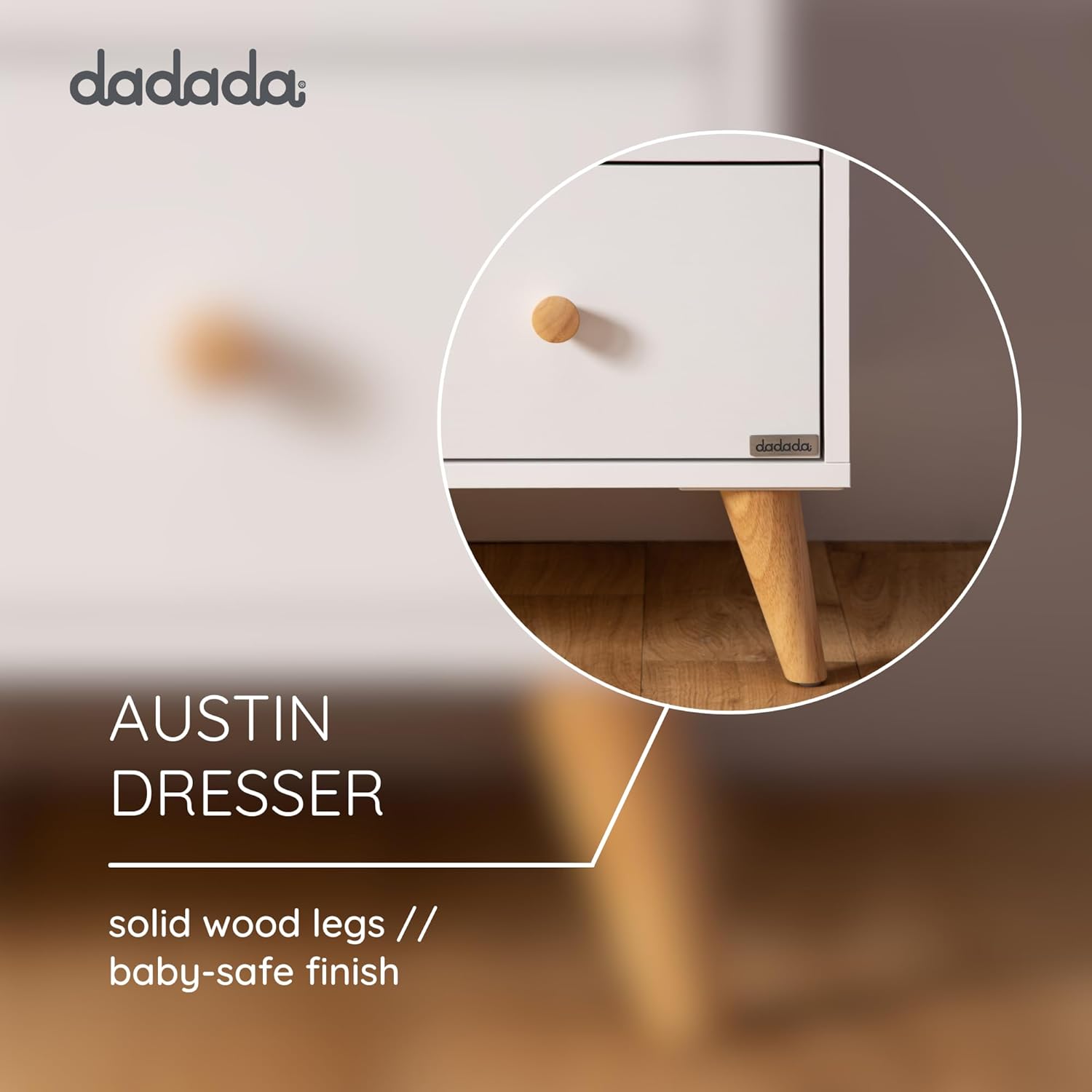 dadada Austin 3-Drawer Dresser for Nursery and Bedroom - Modern Design, Large Storage, Baby-Safe Finish, Anti-Tip Safety, Solid Wood Feet, Durable Construction (White+Natural)
