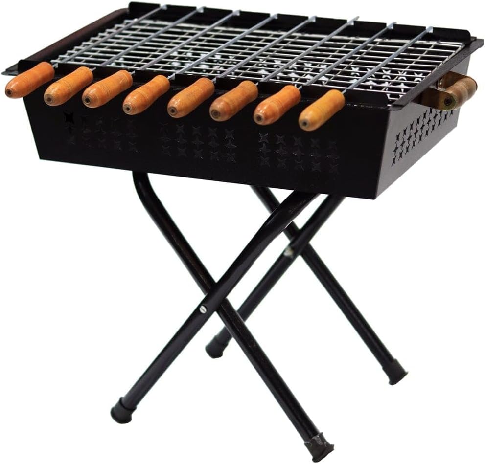 TrustBasket Foldable Charcoal Barbeque Grill Set for Home with 8 Skewers & Charcoal Tray | Portable BBQ Grill, Tandoori Grill & Chicken Grill Machine in Sleek Black