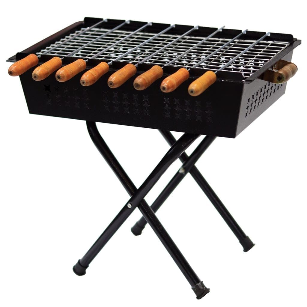 TrustBasket Foldable Charcoal Barbeque Grill Set for Home with 8 Skewers & Charcoal Tray | Portable BBQ Grill, Tandoori Grill & Chicken Grill Machine in Sleek Black