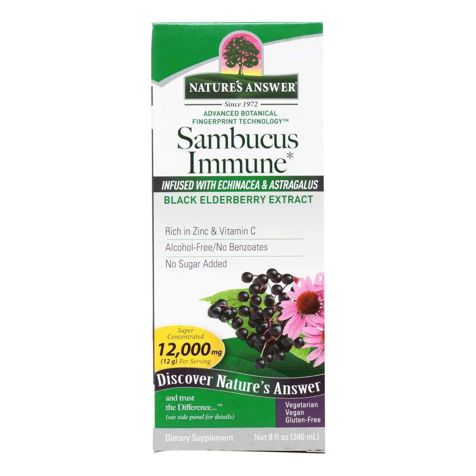 Nature's Answer Alcohol-Free Sambucus Immune Support, 8 Fluid Ounce - Made from 12,000 mg Black Elderberry, Infused with Echinacea and Astragalus Zinc and Vitamin C