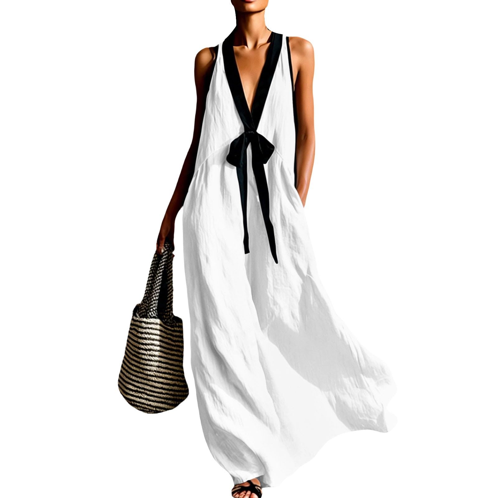 Générique Robe Boheme Chic Bretelles Spaghetti Coton Boheme Robe à Bretelles Elegant Chic Robes Lin sans Manches DéContracté Quotidien Boho Plage Vacances Vacances