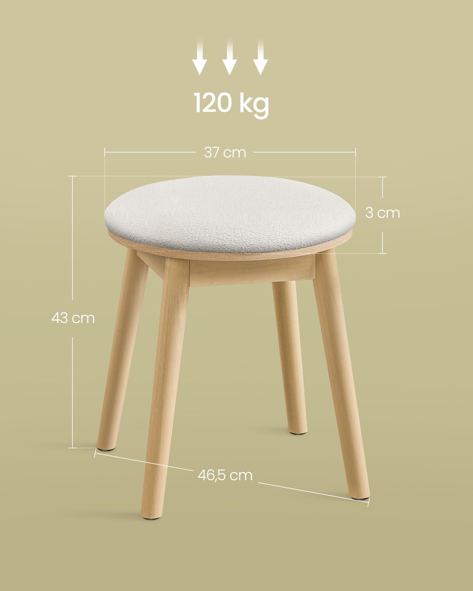 SONGMICS HOME Kolekcja BOHOVEN – Hoker do toaletki, Tapicerowany hoker do toaletki, Nogi z litego drewna, Okrągły hoker, Podnóżek, Antypoślizgowe podkładki, Kremowo-biały i dębowo-beżowy RDS007Y01