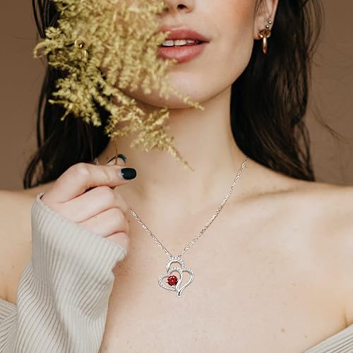 Miniatura 3 de Collares de corazón de amor para mujer, chapados en plata, collar con colgante de circonita cúbica de doble corazón con cristales de piedra natal,