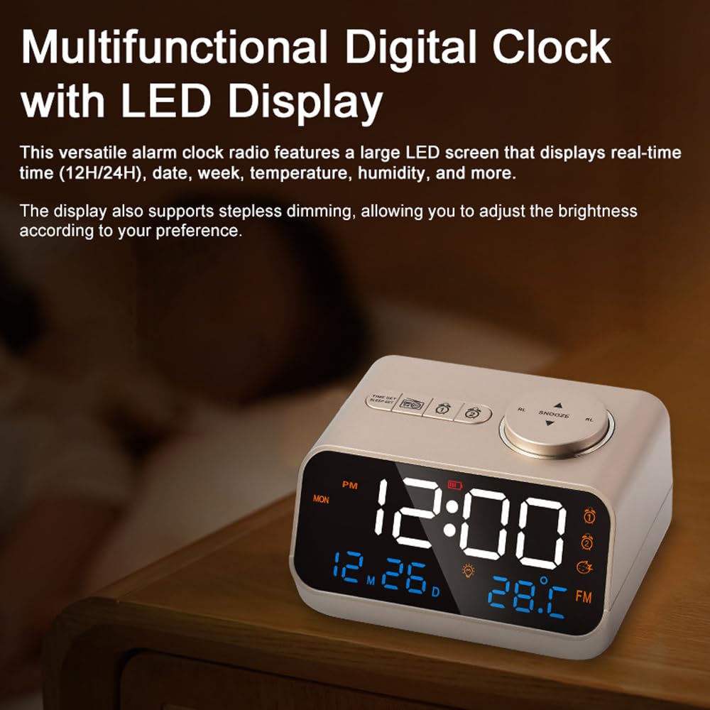 Réveil multifonction avec radio FM, horloge numérique LED rechargeable avec affichage de la température et de l'humidité, prend en charge l'activation du son, la luminosité / le volume réglable