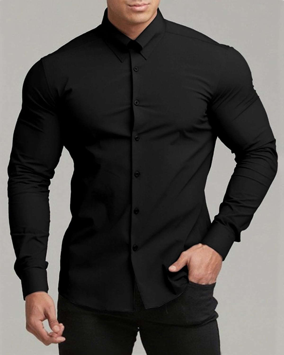 Men's Muscle Fit Dress Shirts Long Sleeve Button Down Work Collared Slim Fit Stretch Wrinkle Shirt - Image 2