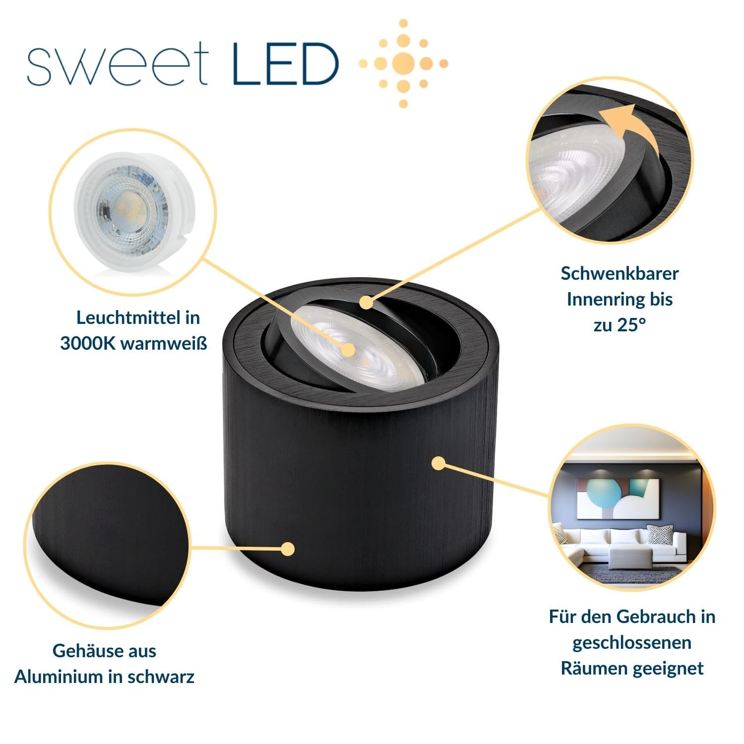 Sweet Led - Faretto da soffitto piatto, nero spazzolato, proiettore da soffitto in alluminio, con modulo LED da 5 W, orientabile, rotondo, 230 V, luce calda da soffitto