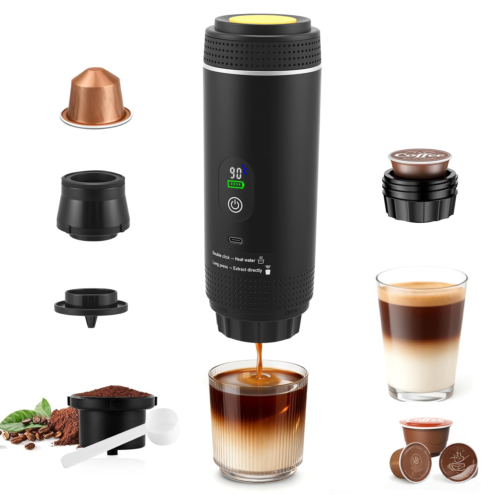 Macchina da caffè portatile, 80 ml, macchina da caffè per auto, USB, compatibile con capsula e caffè macinato, 5 minuti, riscaldamento rapido, mini macchina da caffè per ufficio, campeggio, auto (nero