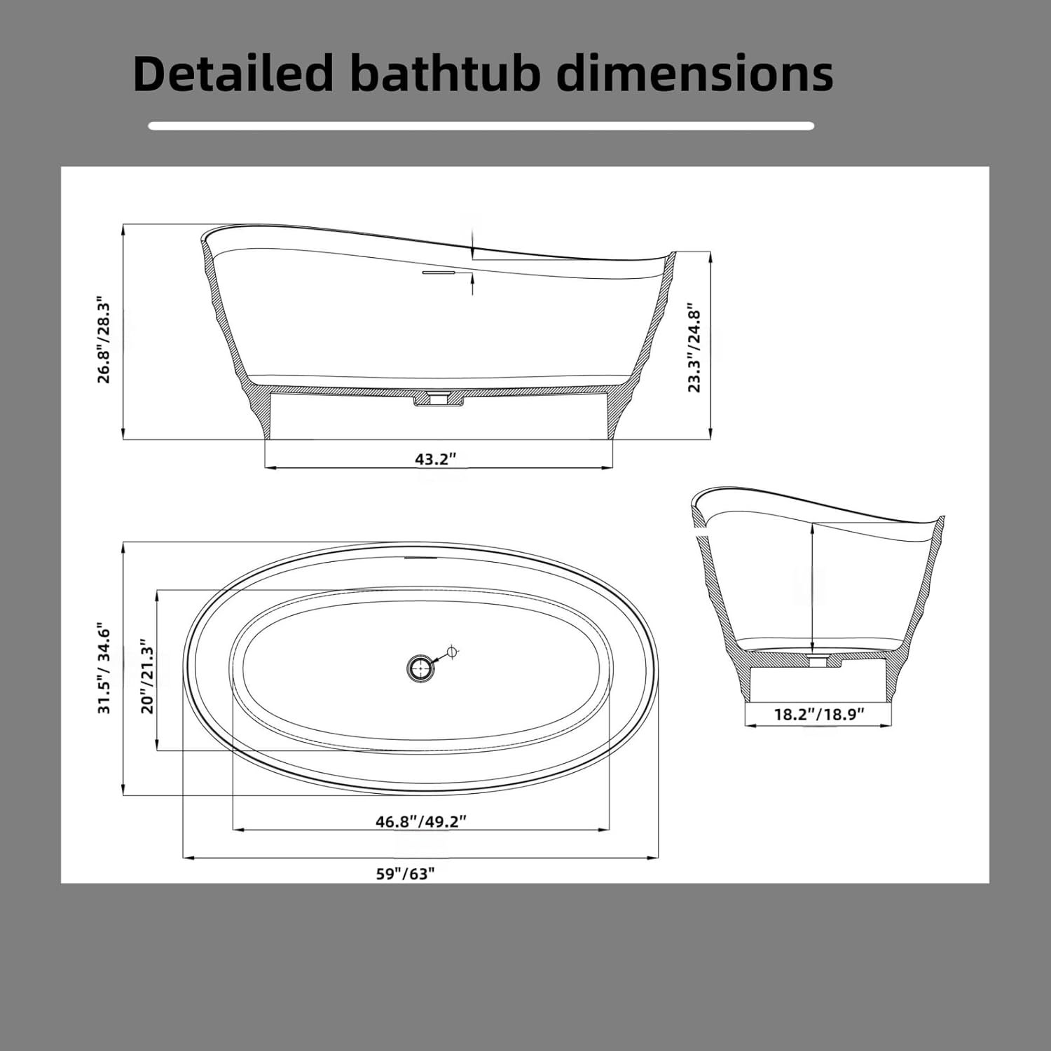 Natural Resin Freestanding Bathtub - Modern Oval Soaking Tub, Non-Slip Textured Surface, Easy To Clean, Luxury Bathtub With Drain, Suitable For Modern Bathroom (Transparent, 63"L x 34.6"W x 28.3"H)