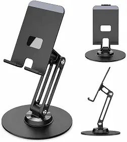 Suporte de Mesa para Celular Giratório 360° em Alumínio Preto Ajustável Articulado com Base Antiderrapante para Smartphone, Videochamada, Escritório e Home Office