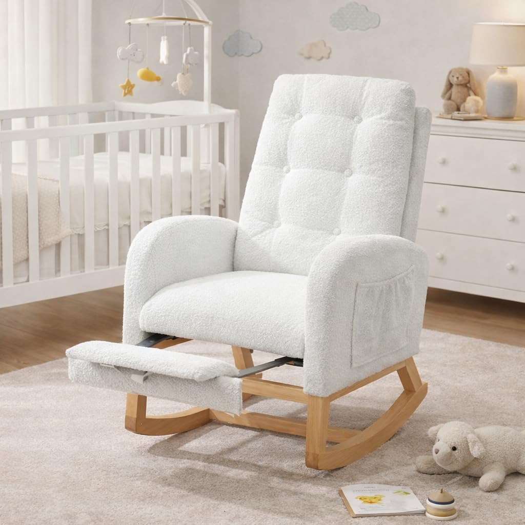 LY-5104 White Accent Rocking Chair with Footrest High Back Rubber Wood Rocking Legs Bedroom Living Space 26.77D X 38.36W X 39.76H Inch
