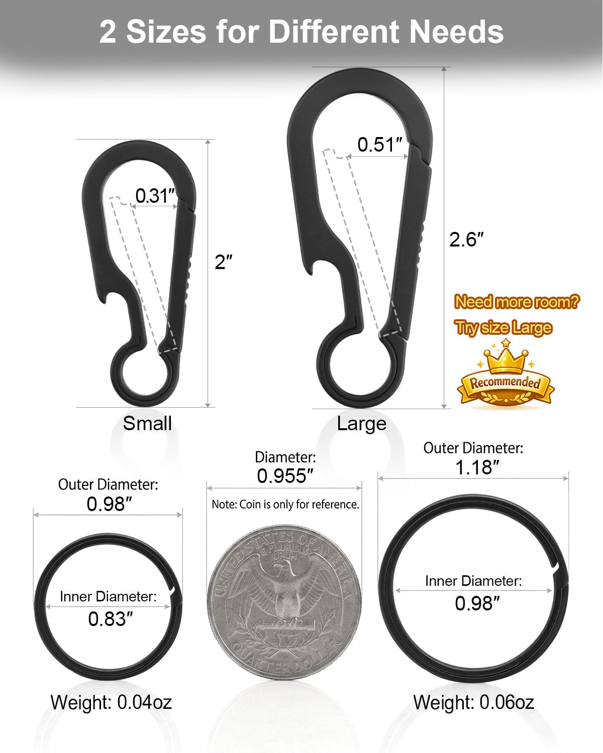 PJYTAC Mosquetón de titanio para llavero, 2/2.6 pulgadas, pequeño mosquetón, llavero resistente de liberación rápida para llaves, abrebotellas, llavero, regalo del día de San Valentín para él y