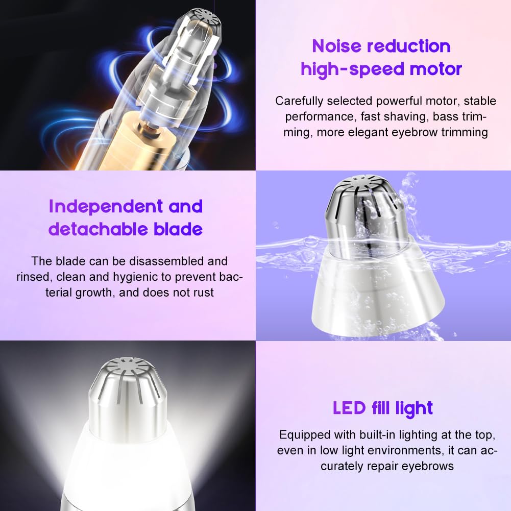 LOMUG Tondeuse à Sourcils, Rasoir à Sourcils Électrique, Épilateur Facial 2 en 1 pour Femme, Épilateur Femme avec Lumière LED pour Pêche Fuzz Lèvres Visage Barbe Nez Poils