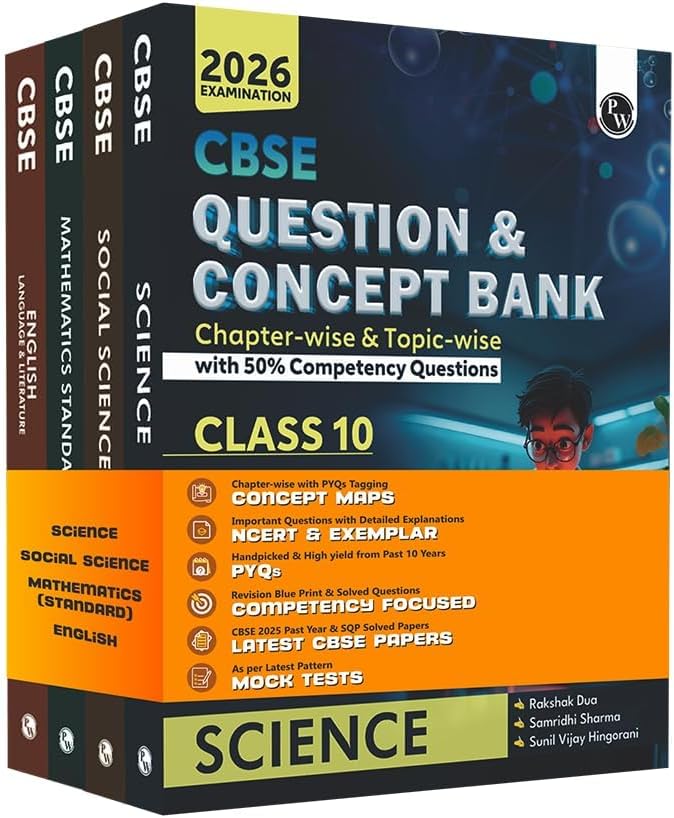 PW CBSE Question & Concept Bank (QCB) Class 10 Mathematics (Standard), Science, Social Science, English Combo Set of 4 Books Chapterwise & Topicwise Solved Questions For 2026 Exams [Paperback] PW