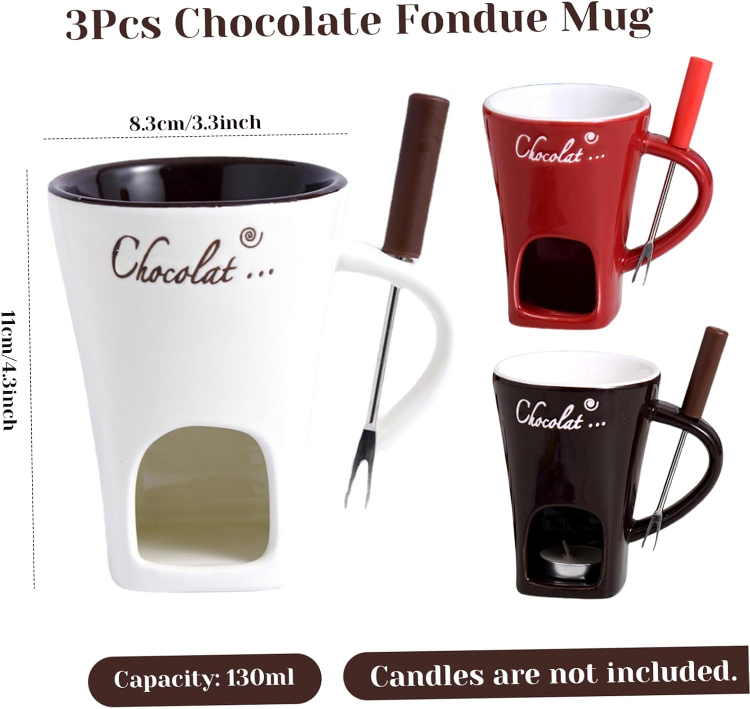 3Pcs Chocolate Fondue Mug Heat-Resistant Ceramic Chocolate Fondue with Forks Reusable Melting Cup for Date Night Birthday & Wedding Cheese Hot Mug