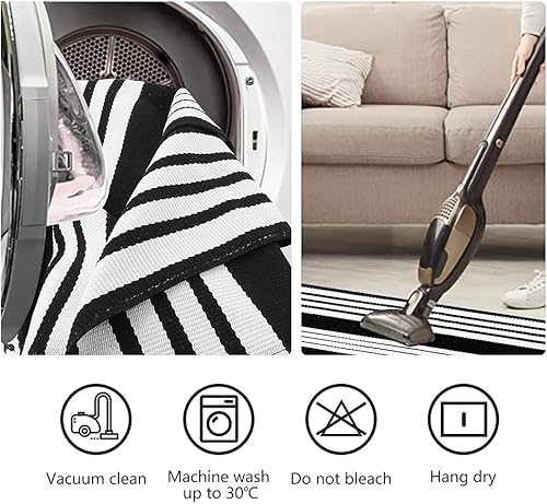 Miniatura 4 de Alfombras de patio para exteriores de 5 x 7 pies, lavables a máquina, alfombras a rayas color blanco y negro para interiores y exteriores, alfombras
