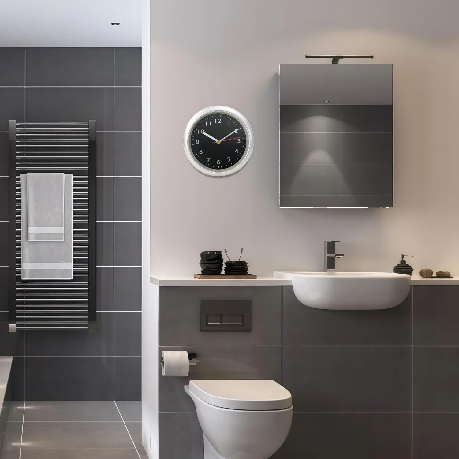 6inch Silent Waterproof Bathroom Clock Shower Clock with Suction Cup Non-Ticking Prevent Mist Wallclock Battery Operated Garden Wall Clock for Bathroom Kitchen Patio Pool (Silver Black)