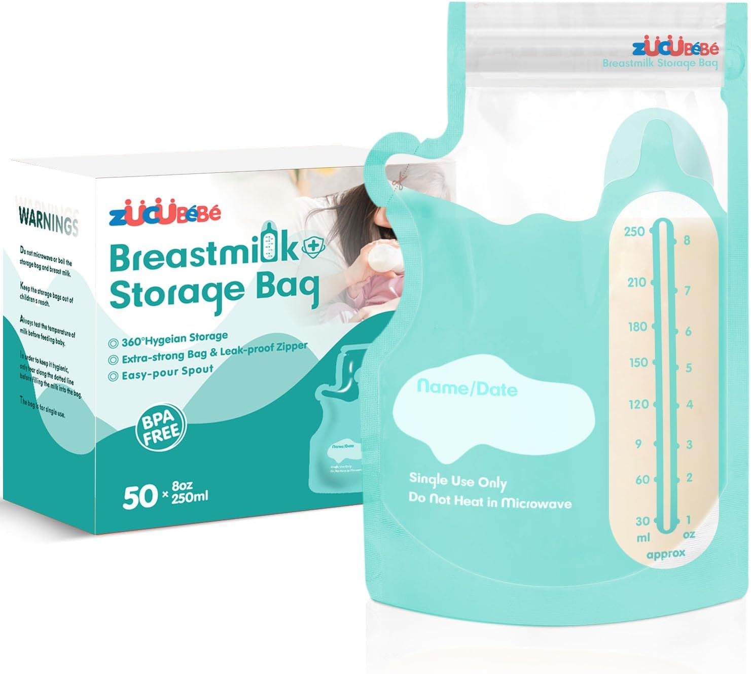 Breastmilk Storage Bags(50 Count)，8oz Milk Storage Bags for Breastfeeding，BPA Free with Easy Pour Spout, Self Standing, for Refrigeration and Freezing Blue