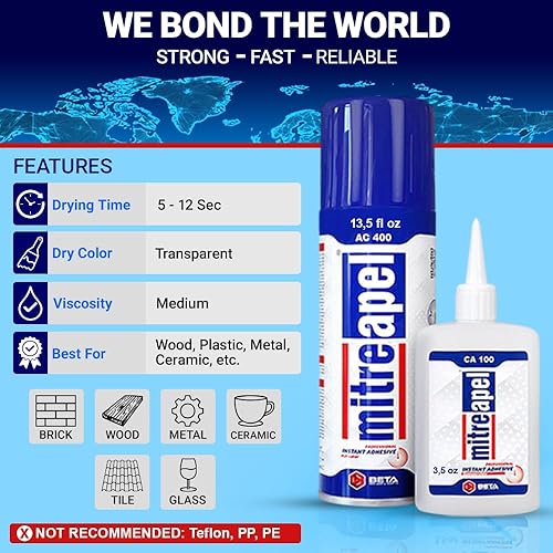 Miniatura 6 de MITREAPEL Pegamento Super CA con activador adhesivo en aerosol, 3.5 onzas, fácil unión, potente adhesivo profesional, tiempo de secado rápido,