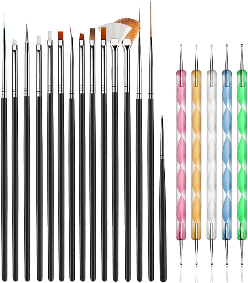 20pcs Nail Art Design Tools, 15pcs Painting Brushes Set with 5pcs Dotting Pens, BLACK โฆ