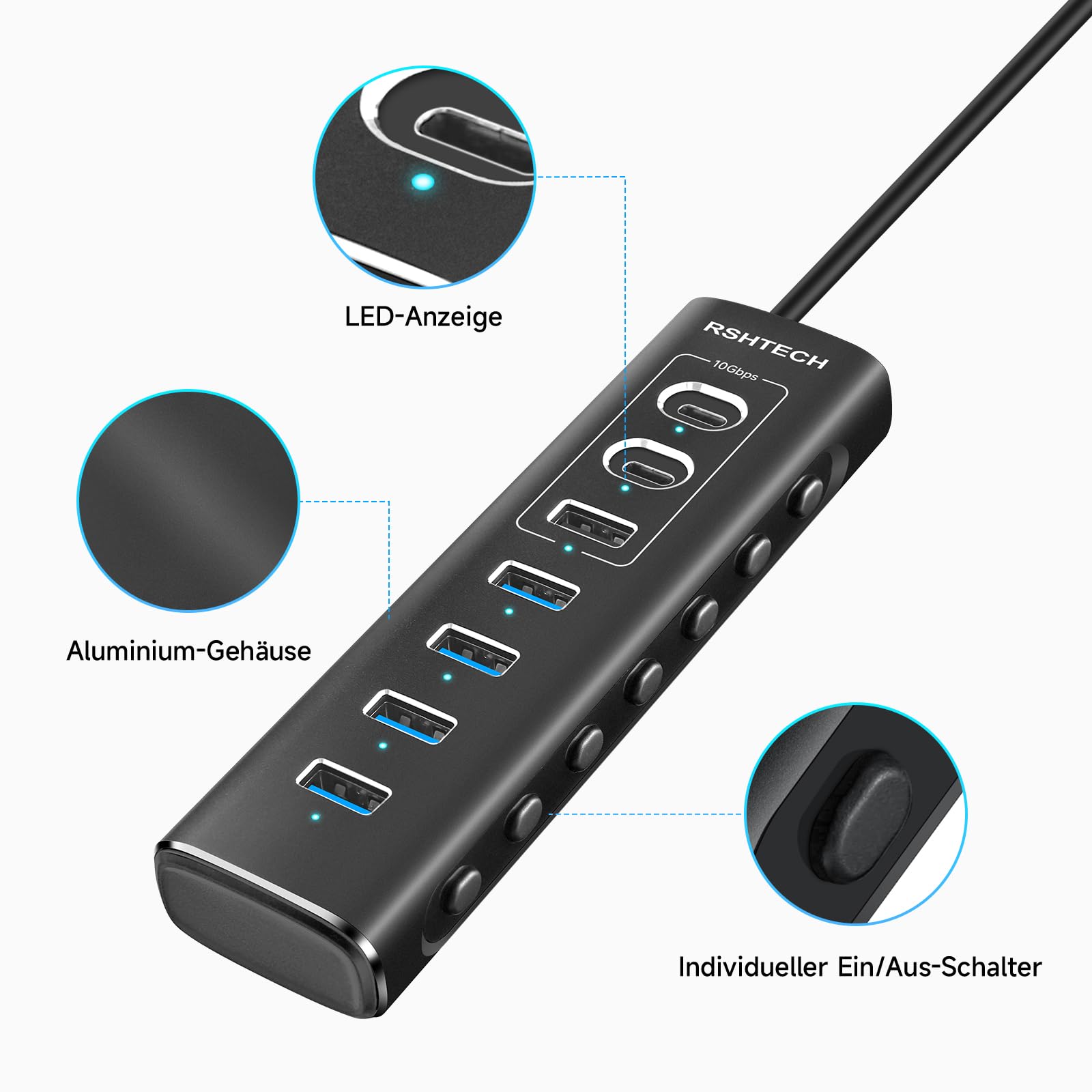 RSHTECH 7 Port Hub USB Alimenté, Aluminium Hub USB 3.2/USB C, RSH-A107C | avec 10Gbps USB-A 3.2, 2 USB-C 3.2, 4*5Gbps Port USB 3.0, 1m de Câble de Données, Alimentation 24W USB C Hub