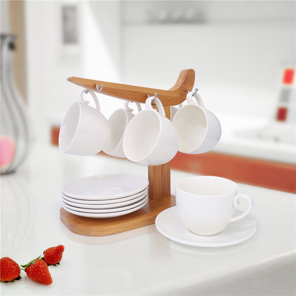 June Sky Porcelain Tea Cup and Saucer Coffee Cup Set- with Bamboo Bracket Durable Stand- Perfect Gift for Women Girlfriend - Your Counter and Home Use.white,5.33 oz(150ml),Pack of 6