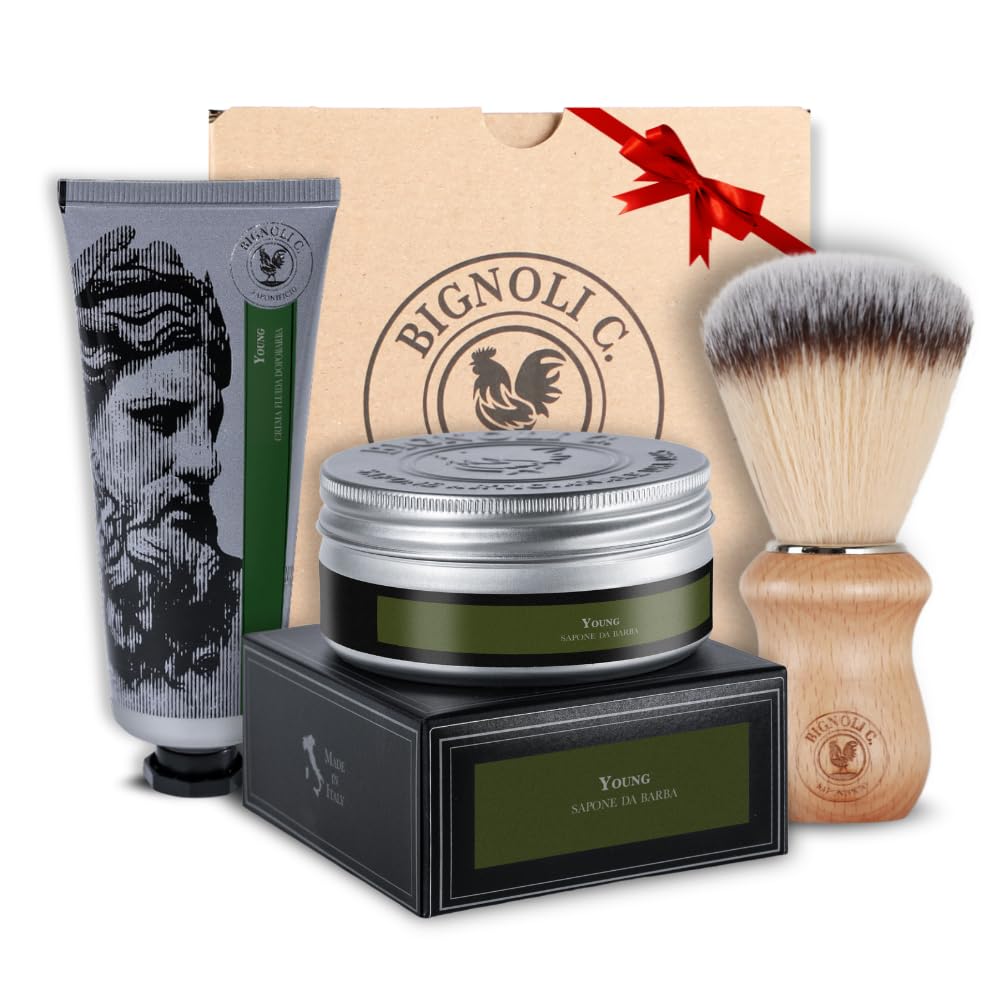 Bignoli Set Rasatura Tradizionale – Kit Barba Uomo - Sapone da Barba 175g + Crema Dopobarba 75ml + Pennello | Qualità Artigianale - Set Regalo Uomo (Young)