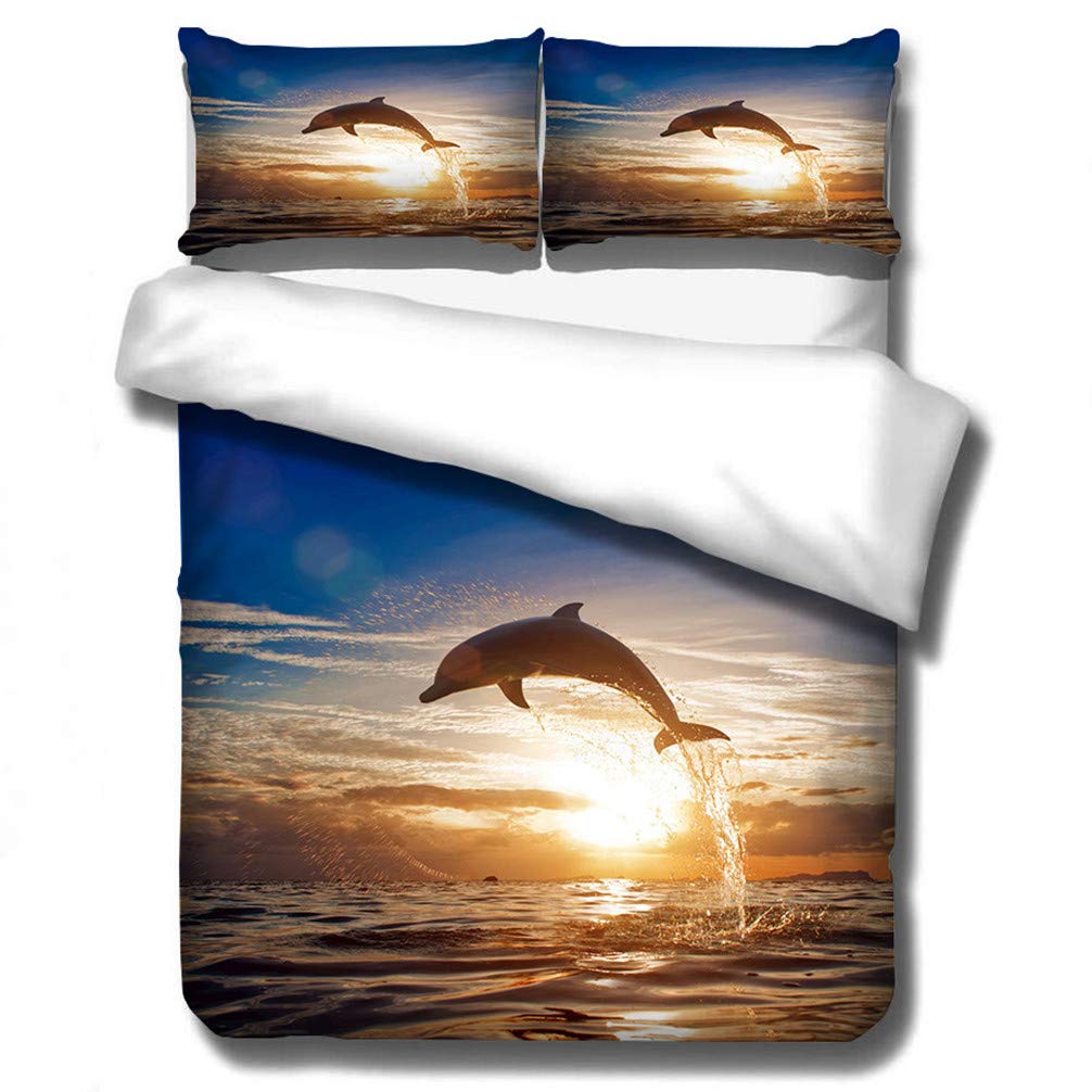 Sticker Superb 3D Dolphin Ocean Fish Pillowcase and Duvet Cover,Colorful Sunrise Sunset Evening Landscape Jumping Dolphin Design Bedding Set Quilt Cover for Girls Boys (Sunset Glow, Double 200x200cm)
