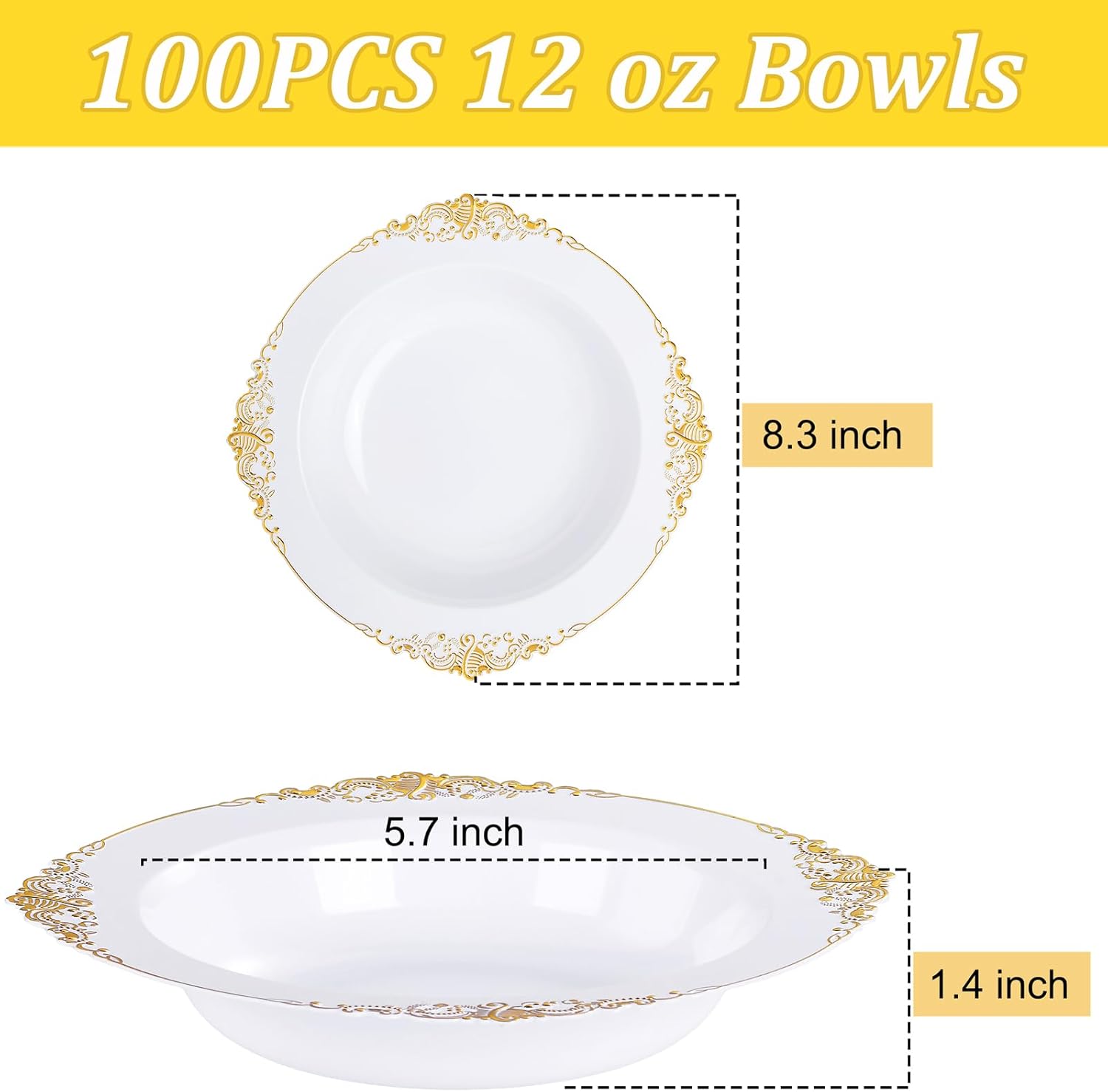 100PCS Gold Plastic Bowls - 12 oz White Disposable Salad Bowls - Heavy Duty Soup Serving Bowl - Fancy Plastic Ice Cream Bowl for Parties, Dinners, Catering, Picnics