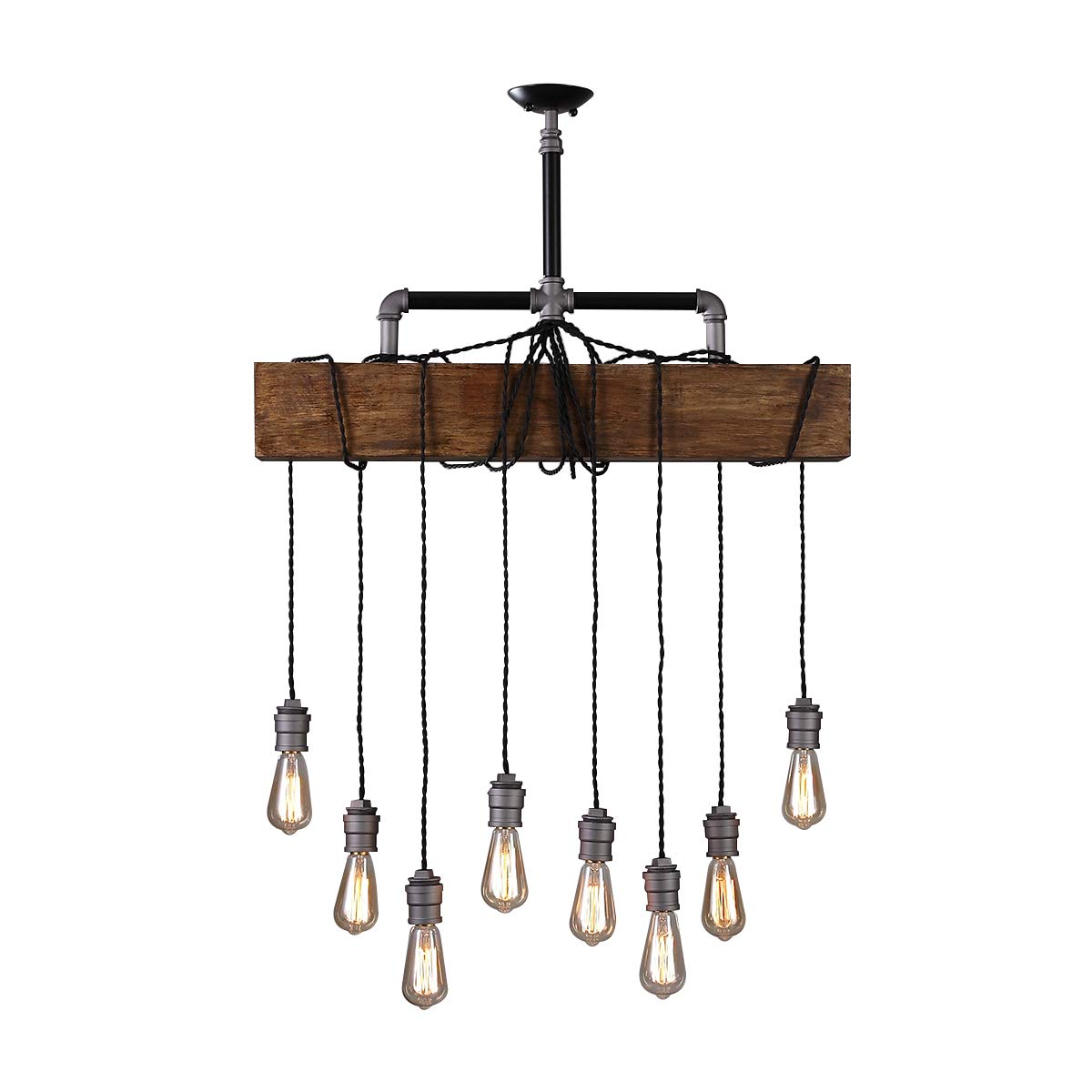 JiuZhuo Industrial Rustic Wood Beam Linear Island Pendant Light 8-Light Chandelier Lighting Hanging Ceiling Fixture