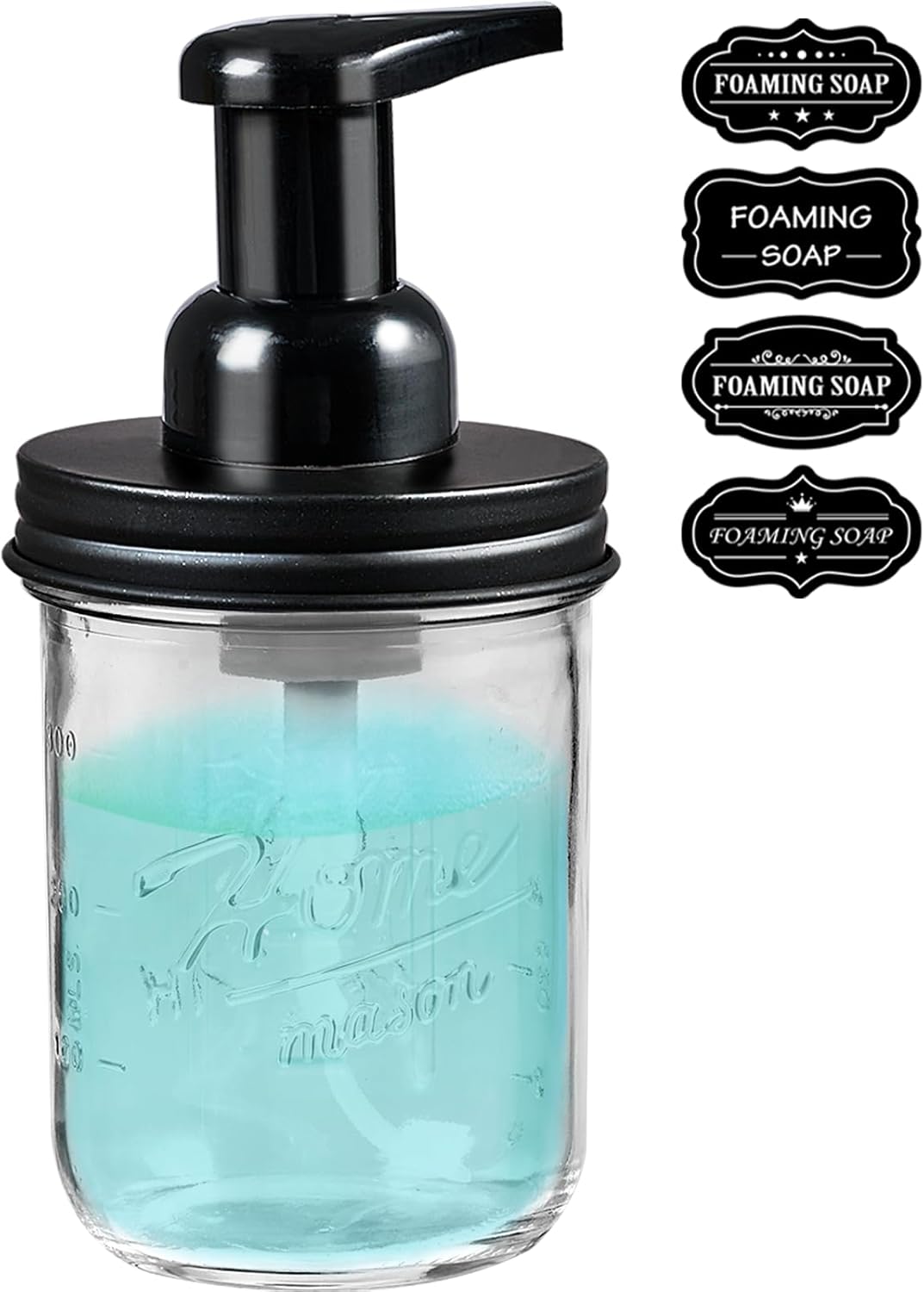 SheeChung Mason Jar Foaming Soap Dispenser, Glass Foaming Hand Soap Dispensers, Stainless Steel Lid, Refillable Foam Soap Dispenser for Bathroom Kitchen, Farmhouse Bathroom Decor (1 Pack, Black) - Image 2