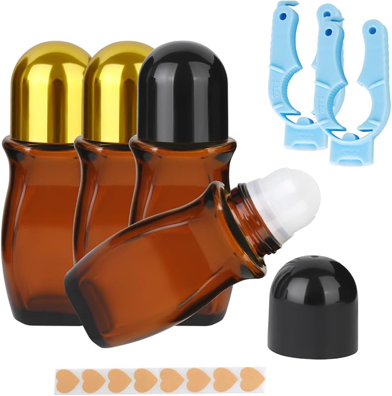 Frascos de vidro âmbar roll-on AGZHTYJQ 30 mL com esferas plásticas e 2 abridores, pacote com 4
