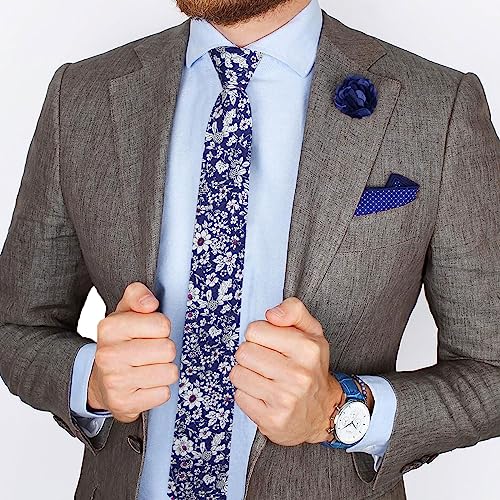 Image of Mantieqingway Men's Skinny Tie, Cotton Floral Ties for Men Wedding Necktie for Groom, Groomsmen, Missions, Dances